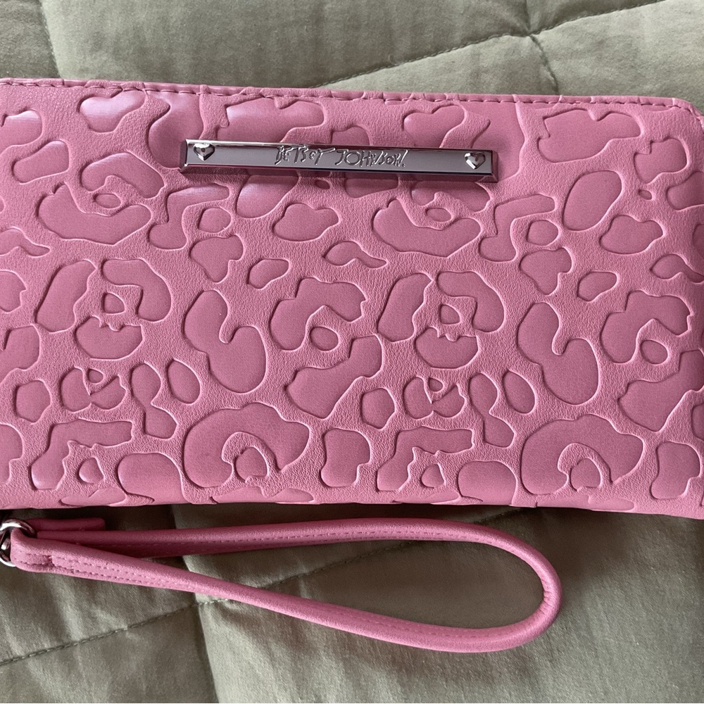 Betsey Johnson Pink Embossed Leopard Wristlet Clutch